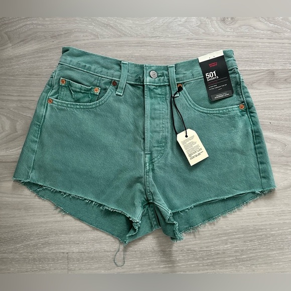 Levi’s 501 High Rise Dusty Beryl Green Raw Hem Denim Shorts -Y2K Vibes Size 28 - Picture 4 of 9
